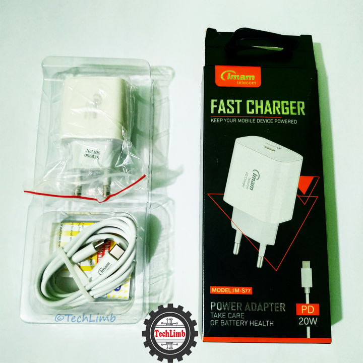Imam IM-S77 20W PD Fast Charger Type-C Power Adapter with Cable | 5V/3A 9V/2.22A Quick Charge 3.0 for iPhone, Samsung, Xiaomi & All Smart Devices | TechLimb Authentic Mobile Accessories