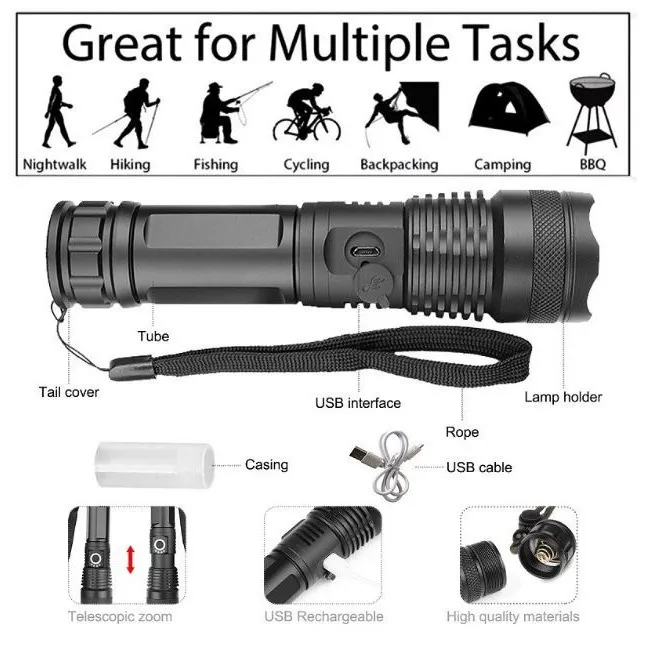 Lampe Frontale LED XHP50, Ampoule TYPE C Rechargeable Telescopique Zoom Eclairage Puissant Pour Le Camping Et La Course A Pied En Exterieur 91858855