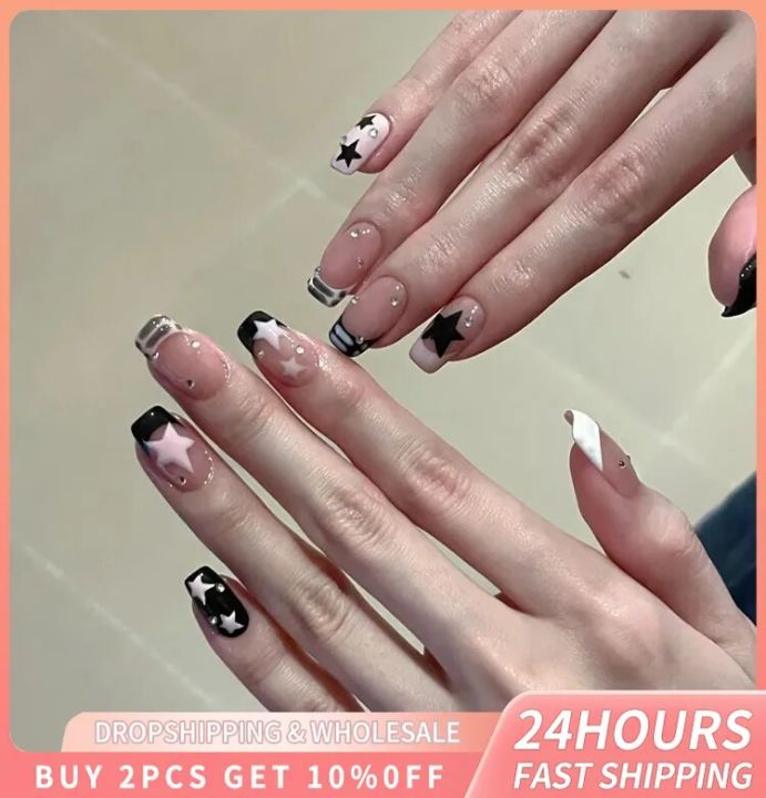 24pcs Black Pink False Nails Ballerina Wearable Nails Multiple Styles Manicure Decor Glitter Star Y2k Design Finished Nail