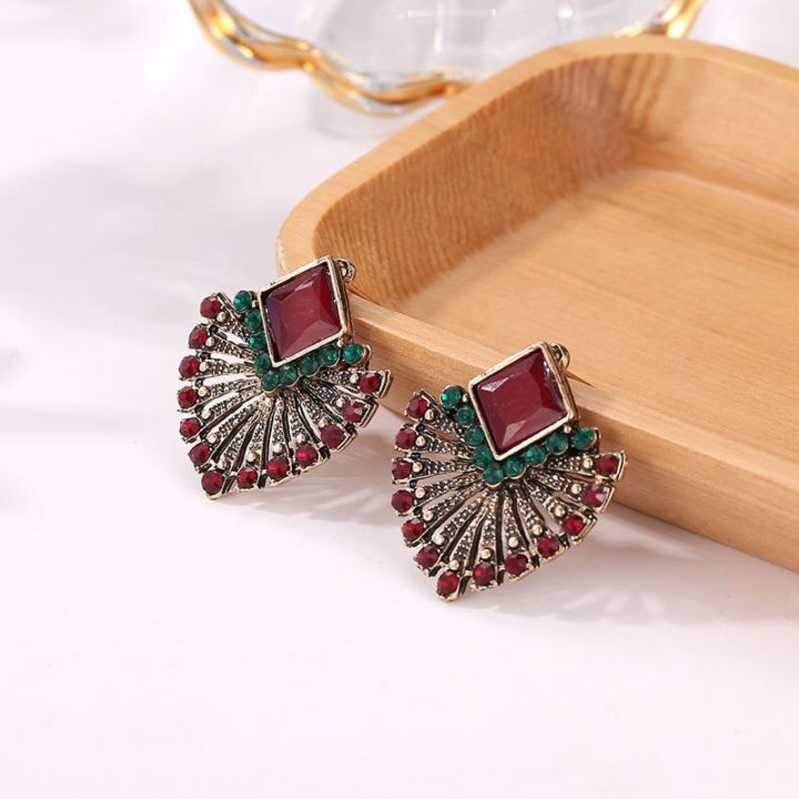 Ethnic Vintage Zircon Earrings Bohemia Fan-shaped Red Green Crystal Stud Earrings Preferble - Low Hassle and Maintanance