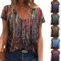 Short Sleeve Women T-Shirts Summer Female High Street Tee Lady Striped Print Casual Tops 5XL Large Size V-Neck T-Shirt Pullovers. 