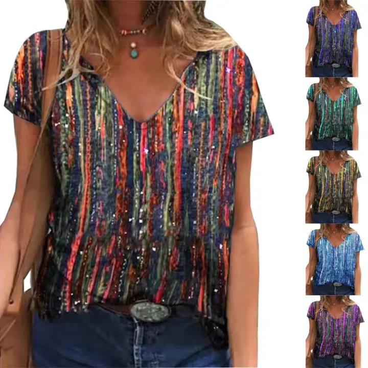 Short%20Sleeve%20Women%20T-Shirts%20Summer%20Female%20High%20Street%20Tee%20Lady%20Striped%20Print%20Casual%20Tops%205XL%20Large%20Size%20V-Neck%20T-Shirt%20Pullovers%20-%20Image%203
