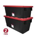 50 Gallon Snap Lid Wheeled Plastic Storage Tote, Black Base/Red Lid, Set of 2. 