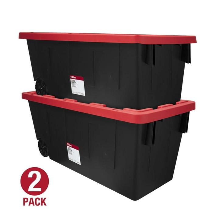 50 Gallon Snap Lid Wheeled Plastic Storage Tote, Black Base/Red Lid, Set of 2