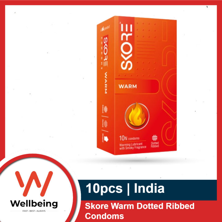 Skore Warm Colored, Dotted, Ribbed & Shaped Condom for Men with Warming lubricant & Smoky Fragrance | 10pcs Pack | India