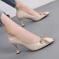 women's shoes Spring/Fall 2022 New medium heel black leather shoes professional high heels stiletto single shoes for women. 