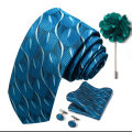 Luxury Fashionable Neck Tie + Pocket Square + Cufflinks & Lapel Flower 4 item Tie Set For Men (1Set)-No Box.
