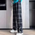 Plaid Wide-leg Pants Women's Korean Casual Trousers New Student Light Loose High-waist Straight-leg Casual Pants Lattice Print.