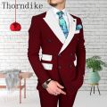 Thorndike High Quality Grey Men's Business Double Breasted Solid Color Suit Coat / Male Slim Wedding 2 Pcs Blazers Jacket Pant.