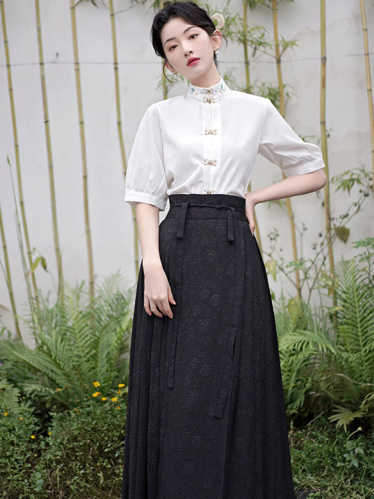 New%20Chinese%20Style%20Jacquard%20Horse-Face%20Skirt%20Improved%20Hanfu%20Women's%20Clothing%20Summer%20New%20Han%20Elements%20Daily%20Long%20Skirt%20Suit%20-%20Image%203
