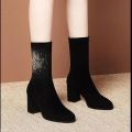 Stretch Boots Women2022New Thick Heel Fleece-Lined Ankle Boots Middle Boots Suede Rhinestones High Heel Skinny Small Man Socks Boots.