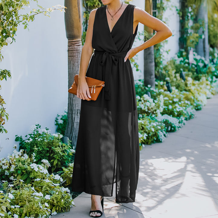 Women%E2%80%99s%20Casual%20Sleeveless%20Long%20Dress%20Fashion%20Solid%20Color%20V-neck%20Bandage%20High%20Waist%20Slit%20Dress%20-%20Image%204
