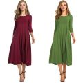 Cross-border European and American women's clothing 2024 spring new skirt fashion casual pleated three-quarter sleeve solid color swing dress. 