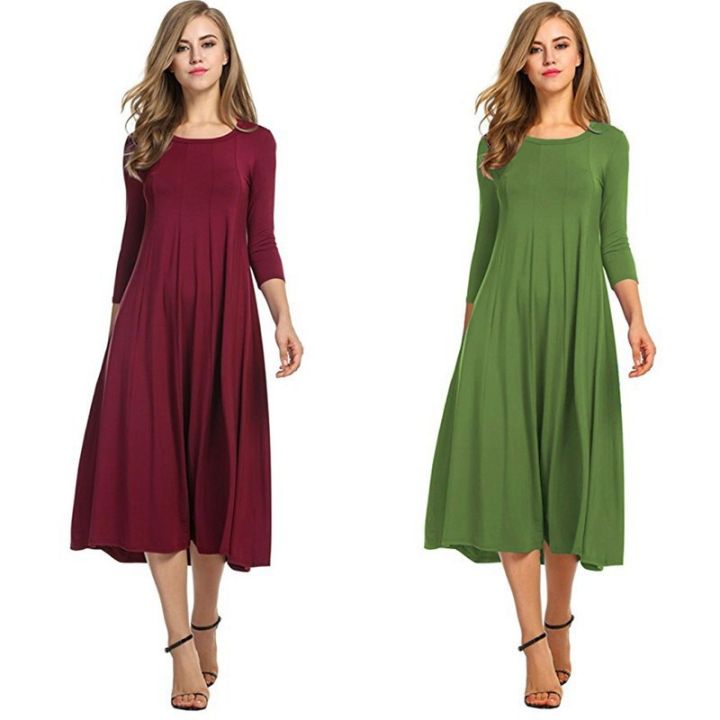 Cross-border European and American women's clothing 2024 spring new skirt fashion casual pleated three-quarter sleeve solid color swing dress