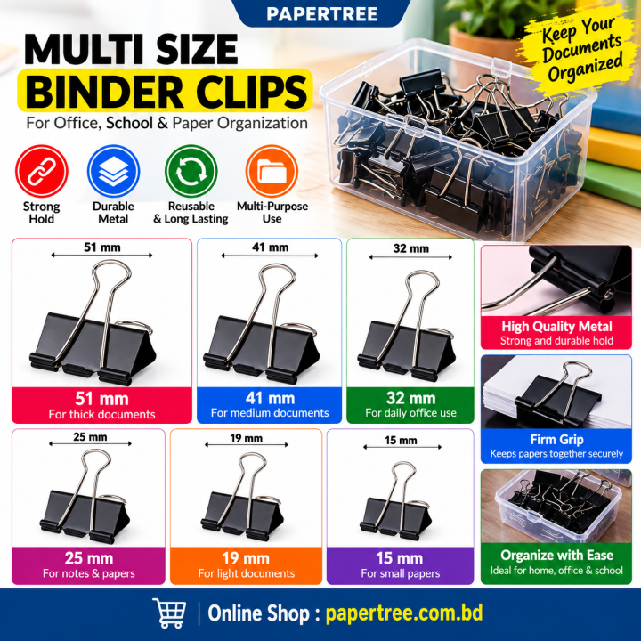 Multi Size Metal Binder Clips 15mm 19mm 25mm 32mm 41mm & 51mm for Office School & Paper Organization