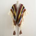 2023 Spring and Autumn New Color Contrast Ethnic Style Ruffle Shawl Female Bohemian Cardigan Fungus Trim Internet Celebrity Cloak. 