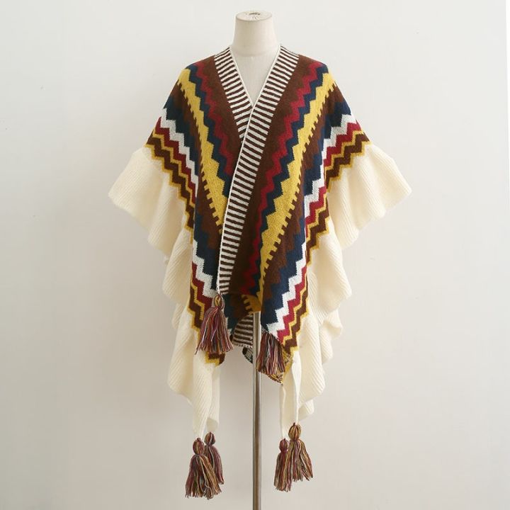 2023%20Spring%20and%20Autumn%20New%20Color%20Contrast%20Ethnic%20Style%20Ruffle%20Shawl%20Female%20Bohemian%20Cardigan%20Fungus%20Trim%20Internet%20Celebrity%20Cloak%20-%20Image%203