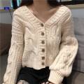 M144 Cardigan Short Top Women's Korean-Style Retro V Collar Net Red Sweater Loose French Lazy Style Sweater.