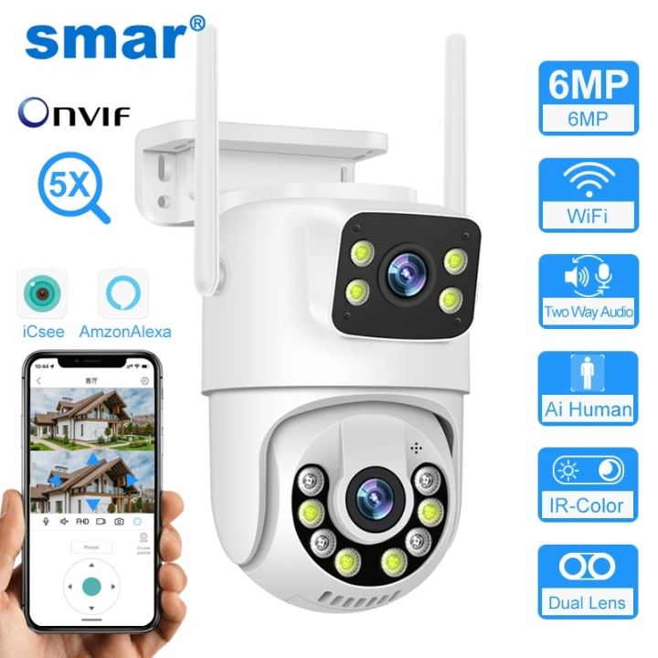 Smar 6MP PTZ WiFi IP Camera Dual Lens With Dual Screen Two-way Audio ...