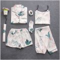 7 Pieces Womens Silk Satin Pajamas Sets Pyjamas Set Sleepwear Pijama Pajamas Suit Female Sleep Two Piece Set Loungewear. 