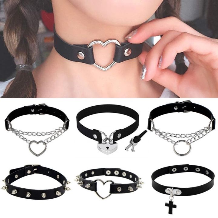 【3C VictoryEagle】Punk Collar Choker Black PU Leather Heart Cross Spike Necklace Cosplay Body Accessories Trend Jewelry