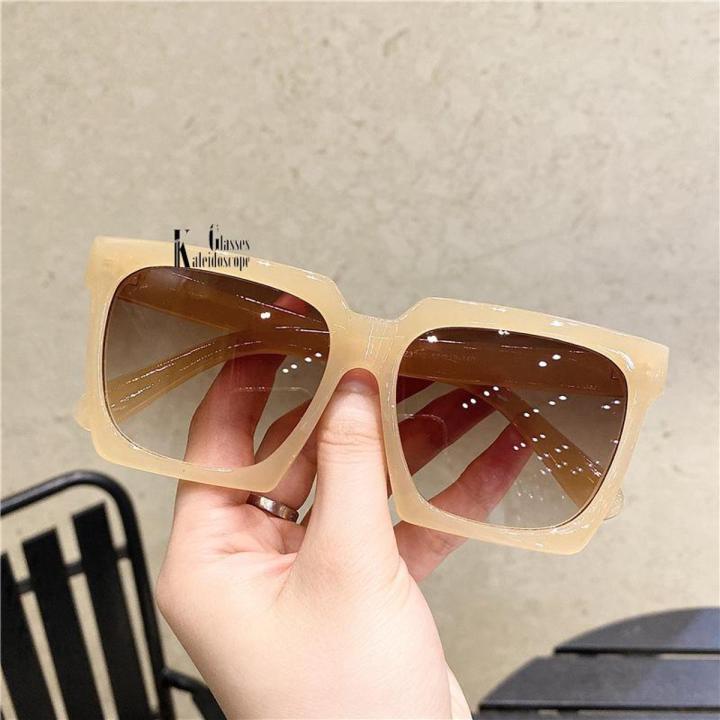 【linfang store】Square Women Vintage Oversized Sun Glasses Goggles Ladies Big Frames Sunglass UV400 White Green Eyewear