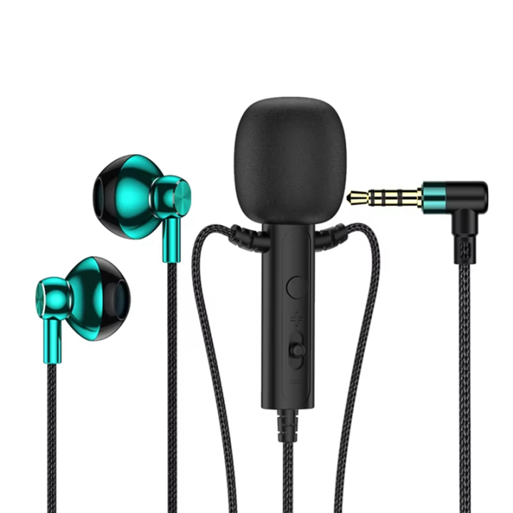 3.5mm in-Ear Lavalier Microphone with Earphone Mini Clip Mic for Karaoke Live Broadcast Online Class Gaming Black Green