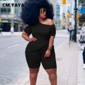 CM.YAYA Women Plus Size Solid Two Piece Set Fashion Off Shoulder T-shirt and Shorts Matching Set Streetwear Tracksuit Outfits. 