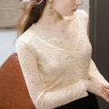 Women's Lace Bottoming Shirt2023Spring Slim Fit Inner Wear Small Shirt with Lace plus Velvet off-Shoulderv-Neck Top. 