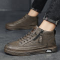 Men's Sneakers Autumn and Winter Breathable Sports Casual High-Top Leather Shoes Men's Work Black Motorcycle Joker Martin Boots.