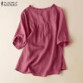 ZANZEA Women Short Sleeve V Neck Top Casual Loose Shirt Tee Solid Cotton Blouse #2.