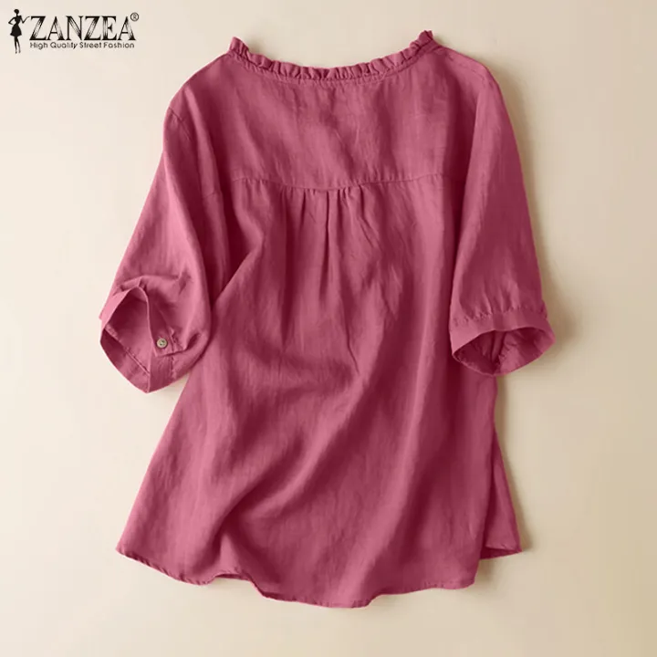 ZANZEA%20Women%20Short%20Sleeve%20V%20Neck%20Top%20Casual%20Loose%20Shirt%20Tee%20Solid%20Cotton%20Blouse%20#2%20-%20Image%202