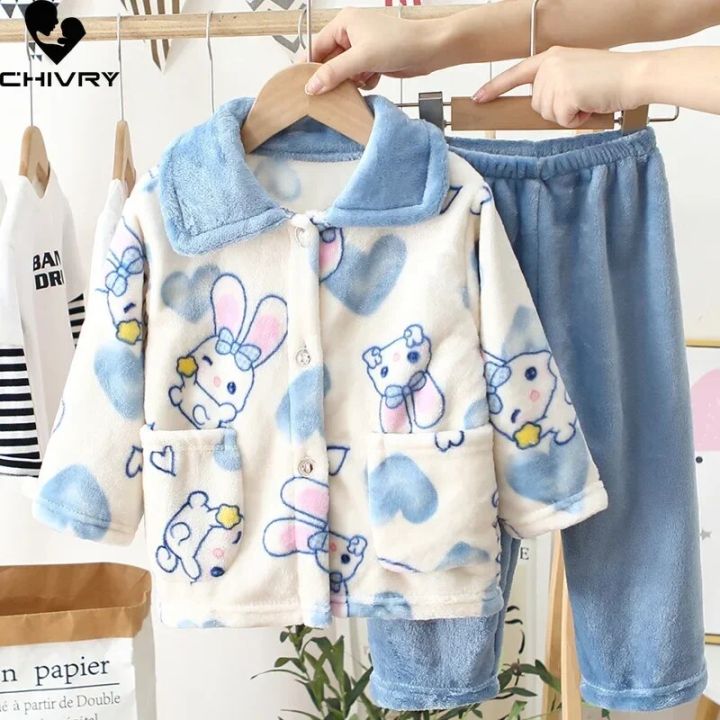 New%202023%20Kids%20Winter%20Soft%20Flannel%20Pajamas%20Clothing%20Sets%20Boys%20Girls%20Cartoon%20Thicken%20Warm%20Lapel%20Tops%20with%20Pants%20Pyjamas%20Sleepwear%20-%20Image%205