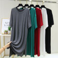 Midi dresses, thin round neck base dresses, casual and fashionable slit skirts, short sleeves, loose A-line skirts worn outside in summer. 