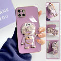 TA for Infinix Smart 6 HD Back Cover Cute Doraemon Folding Bracket Luxury 6D Plating Case Soft Silicone Square Phone Case for Girls. 
