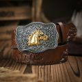 Western Cowboy Leather Buckle Belts Horse Pattern Floral Engraved Buckle Belt for Men.