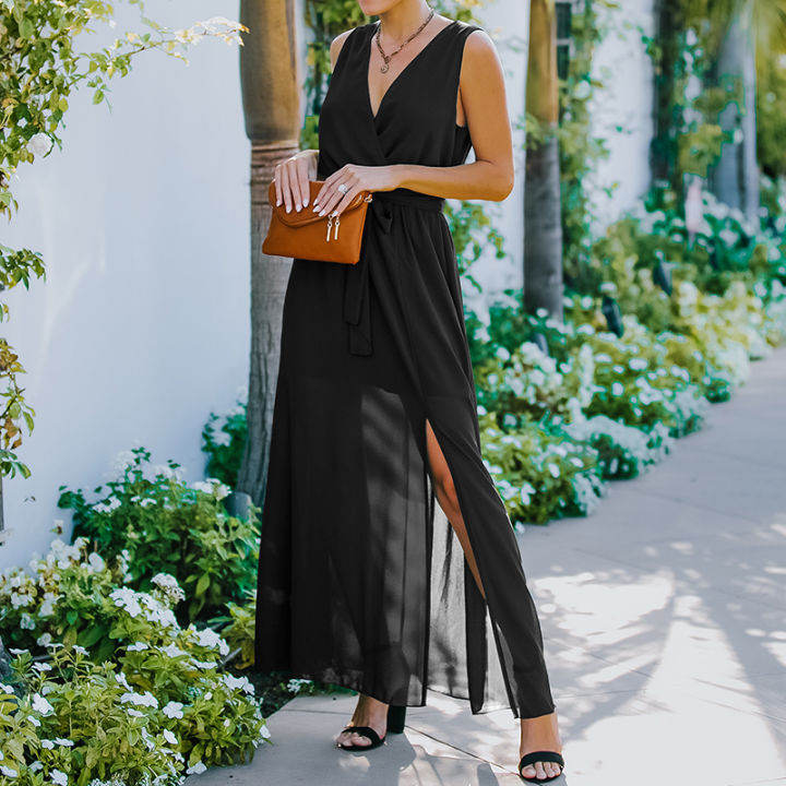 Women%E2%80%99s%20Casual%20Sleeveless%20Long%20Dress%20Fashion%20Solid%20Color%20V-neck%20Bandage%20High%20Waist%20Slit%20Dress%20-%20Image%205