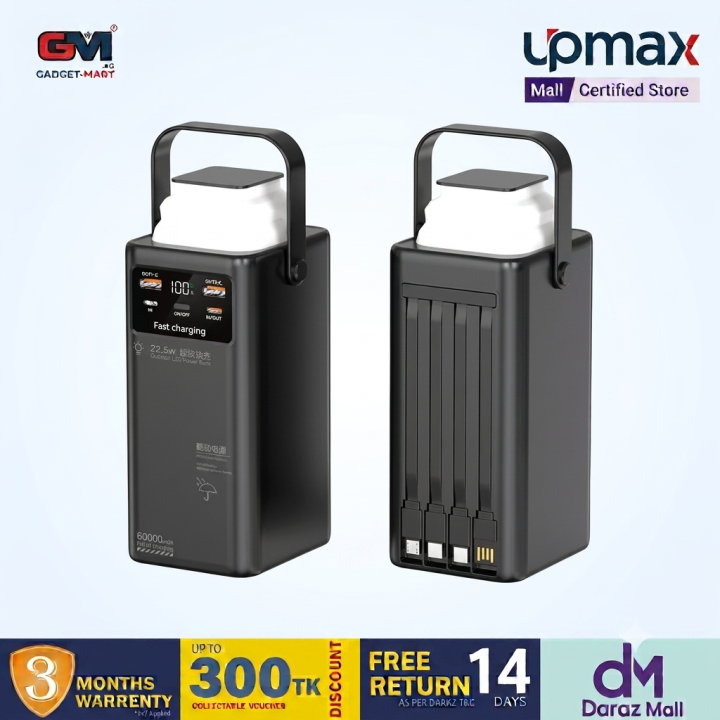 Upmax Newly Launched 22.5w Fast Charging Outdoor Camping 60000mah/100000mAh High Capacity With 4 Cables Handle LED Light Power Bank - Black