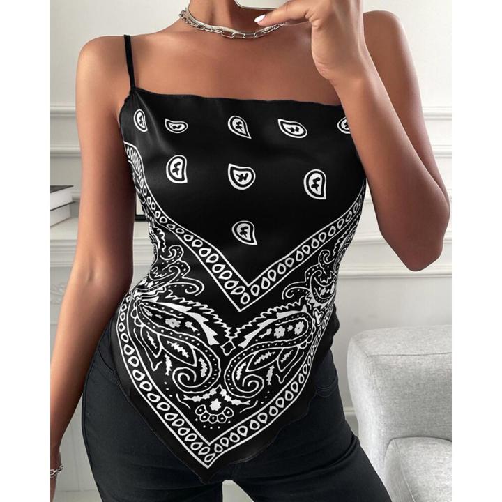 Women's Vest Shirt Summer Tank Tops Bowknot Backless Blouse Paisley Print Satin Handkerchief Top Casual Slee