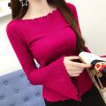 Super Fairy Bell Sleeve Top for Women Spring and Autumn New Versatile Long Sleeves Elastic Wooden Ear off-Neck Knitted Bottoming Shirt Trendy.