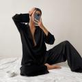 Low Cut Fashion Pajamas Set For Women Loose Casual Long Sleeve Trouser Suits Solid Satin Silk Female Home Fitted Tops 2-Pce. 