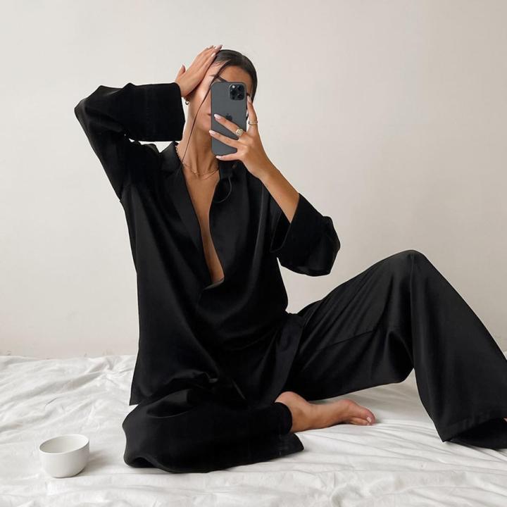 Low%20Cut%20Fashion%20Pajamas%20Set%20For%20Women%20Loose%20Casual%20Long%20Sleeve%20Trouser%20Suits%20Solid%20Satin%20Silk%20Female%20Home%20Fitted%20Tops%202-Pce%20-%20Image%202