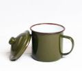 rust free good 370ml unbreakable nostalgic cookable heatable enamel tea mug with lid blue rim on mug and lid.