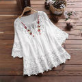 Sunnyheart Summer Shirt V-Neck Sweet Flower Decoration Hollow Lace Patchwork Blouse. 