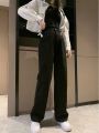 Off-White Micro Wide-Leg Jeans Women's High Waist Slimming Loose Apricot All-Match Draping Elastic Waist Student Black Pants.