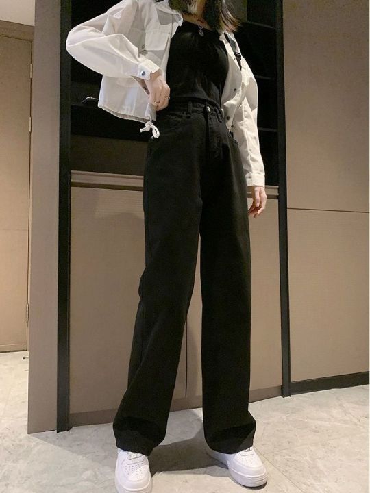 Off-White%20Micro%20Wide-Leg%20Jeans%20Women's%20High%20Waist%20Slimming%20Loose%20Apricot%20All-Match%20Draping%20Elastic%20Waist%20Student%20Black%20Pants%20-%20Image%205