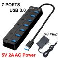 USB 3.0 4/7 Ports Hub Splitter Switch LED Light 12V 2A DC AC Power 5Gbps Cable For Laptop Mouse keyboard mobile hard disk drive.
