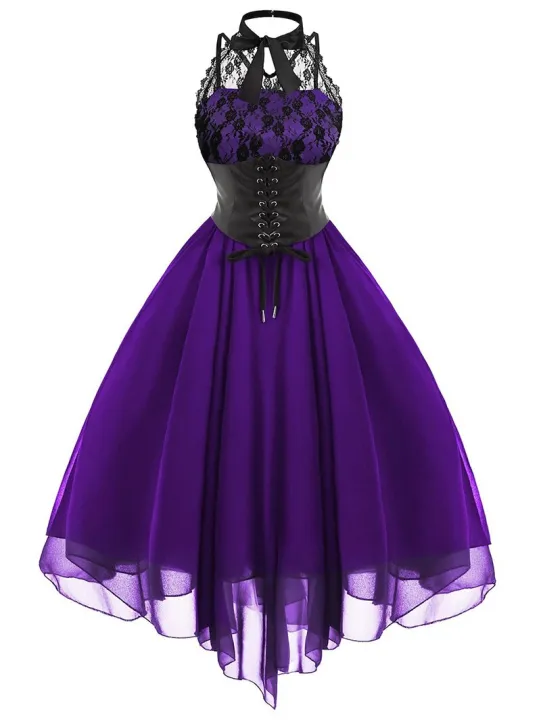 Fitshinling%20Gothic%20Ball%20Gown%20Party%20Dresses%20For%20Women%20Halter%20Lace%20Patchwork%20Sleeveless%20Vestidos%20Bow%20Tie%20Corset%20Short%20Midi%20Dress%20-%20Image%203