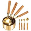 Measuring Cups and Spoons Set of 8, Wood Handle with Metric and US Measurements,Stainless Steel, for Cooking and Baking.