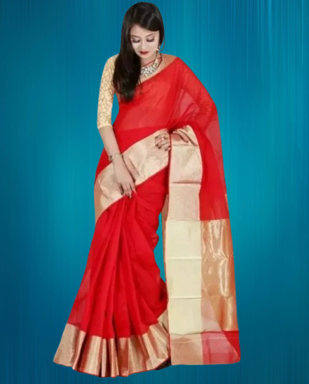 Red Body and Golden Par Tangail Half Silk Traditionala Saree for Women Girl and Ladies for Ocasional Use Without Blouse Pice